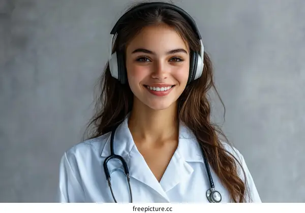 Smiling Female Doctor Wearing Headphones