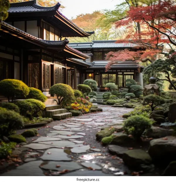 Japanese garden with traditional house and beautiful landscaping