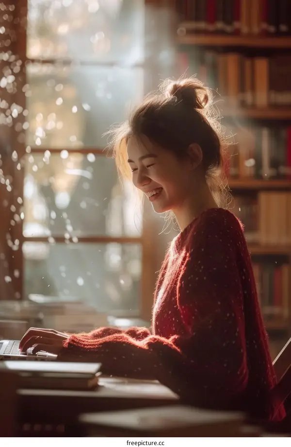 Asian student girl studying in library