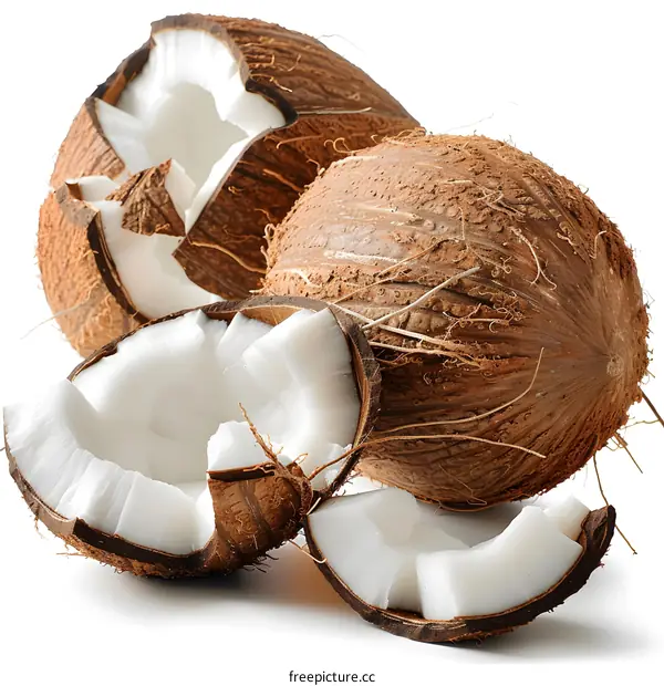 Fresh coconuts cut open on white background