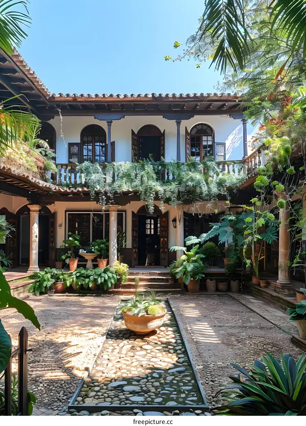 Courtyard of a colonial house with plants