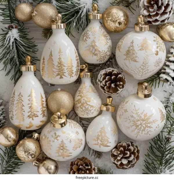 Festive Christmas Decorations with Golden Ornaments and Pine Cones