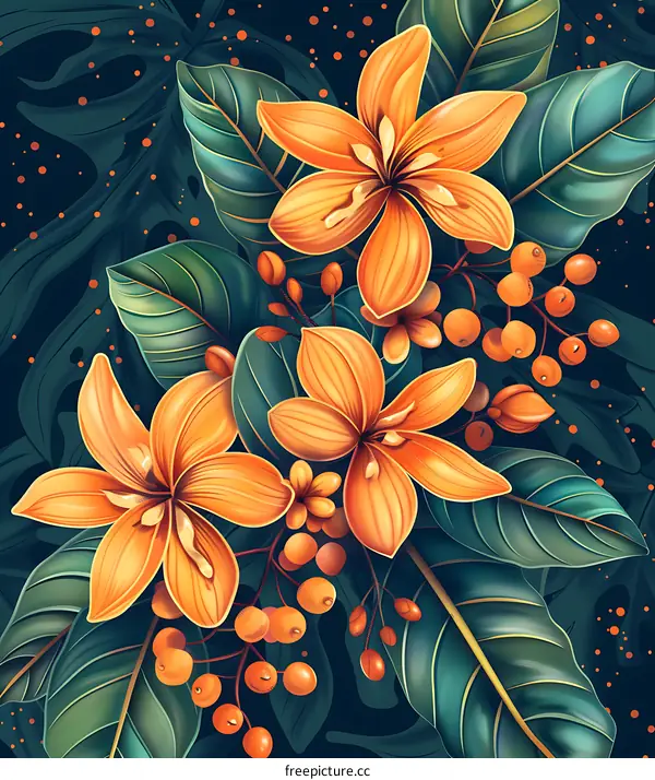 Tropical Flowers Illustration with Green Leaves and Orange Berries