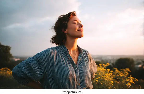 Woman Enjoying Nature Sunset View