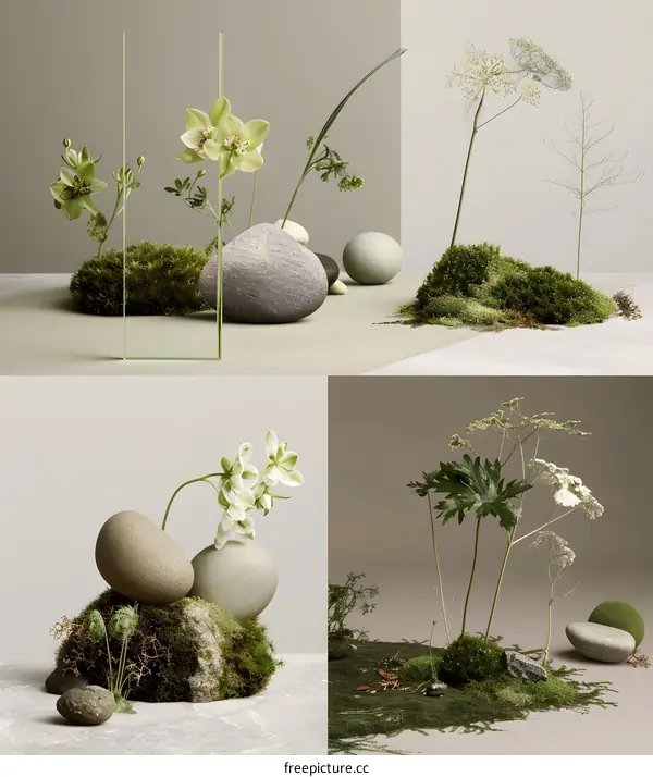 Minimalist Still Life With Green Flowers And Stones