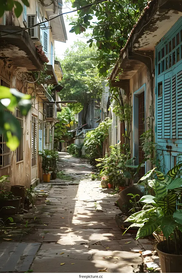 Narrow Alleyway with Lush Greenery