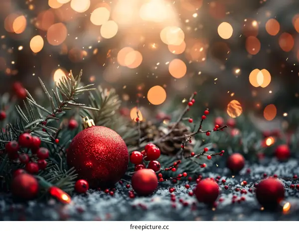 Christmas Decoration with Red Ball, Pine Cones & Holly Berries