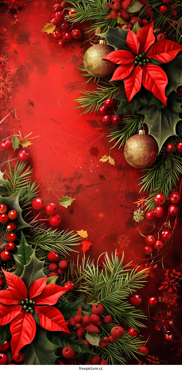 Christmas decoration with red poinsettia flowers, holly, fir branches and golden balls on a red background