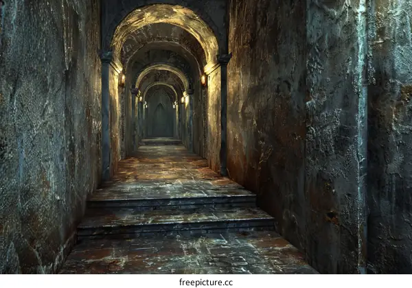 Gloomy Stone Dungeon Corridor with Arched Openings