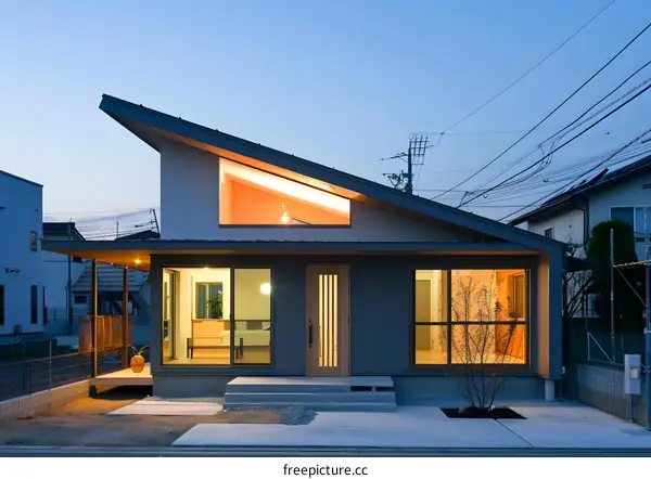 Modern Japanese House with Angled Roof and Large Windows