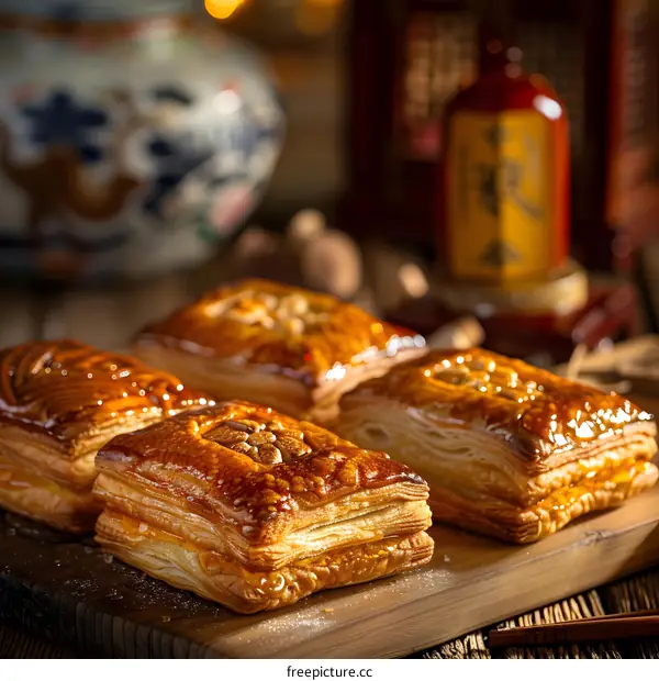 Golden Brown Pastry with Sweet Glaze on a Wooden Cutting Board