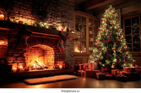 Cozy Christmas Interior with Fireplace and Tree