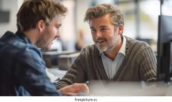 Two businessmen having a conversation in an office