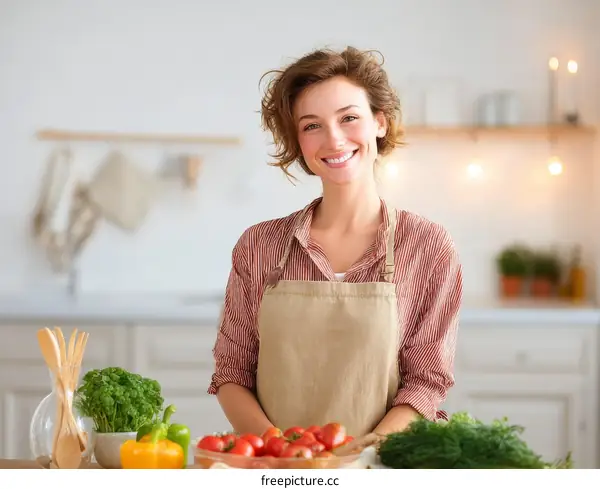 Smiling Woman in Kitchen with Fresh Vegetables