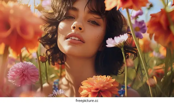 Portrait of a beautiful young woman with short brown hair standing in a field of flowers