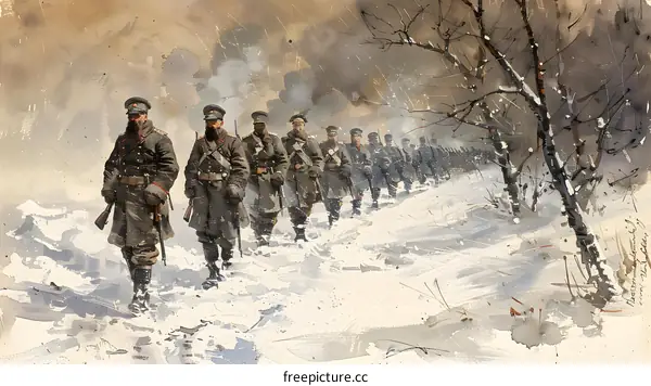 Soldiers Marching Through Snow Covered Landscape Painting