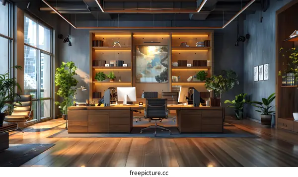 Modern office interior with wooden furniture and plants
