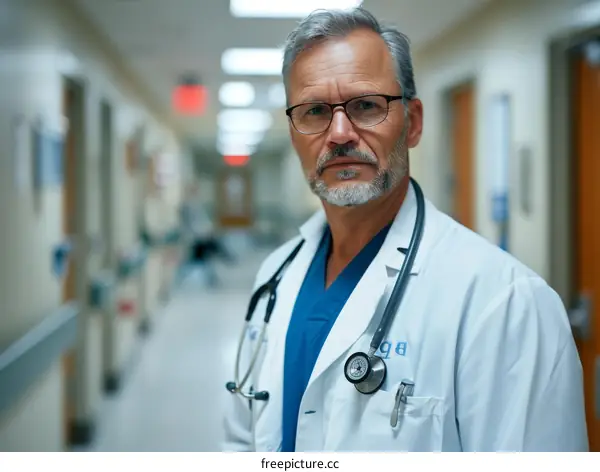 Portrait of a male doctor in a hospital hallway