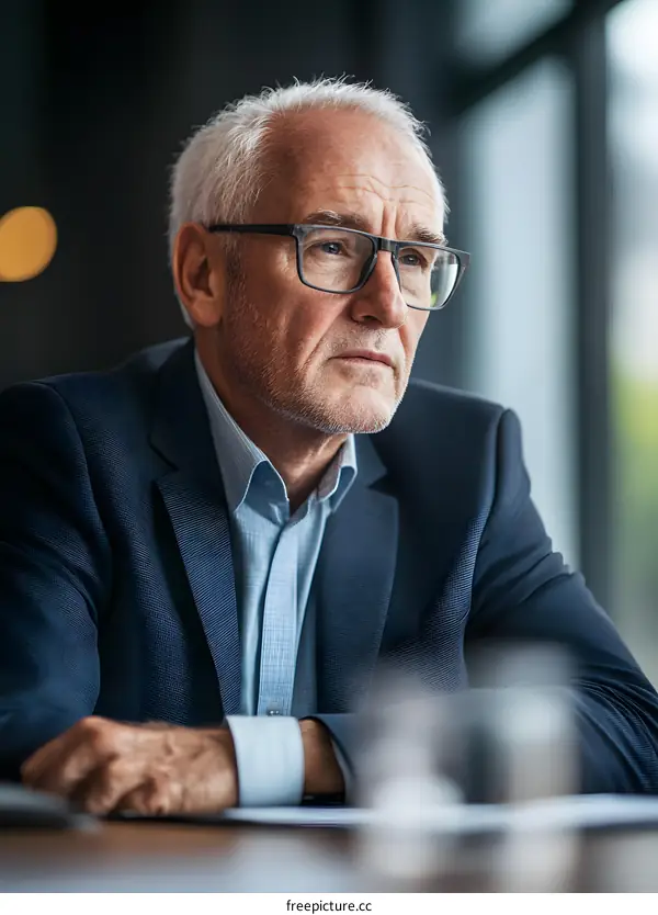 Portrait of a Senior Businessman in a Suit Looking Away