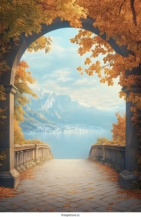 Autumn Landscape with Stone Archway and Mountain View
