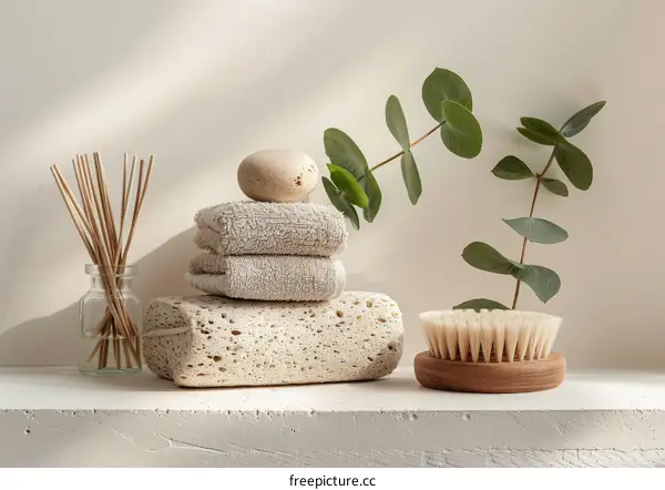 Natural Skin Care Products with a Stack of Towels and Pumice Stone