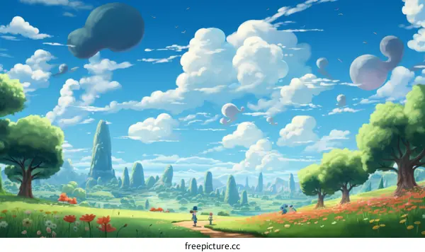 Two friends walking on a path in a beautiful landscape with blue skies, green hills, and red flowers