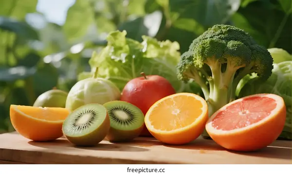 Fresh Assorted Fruits and Vegetables on Wooden Table
