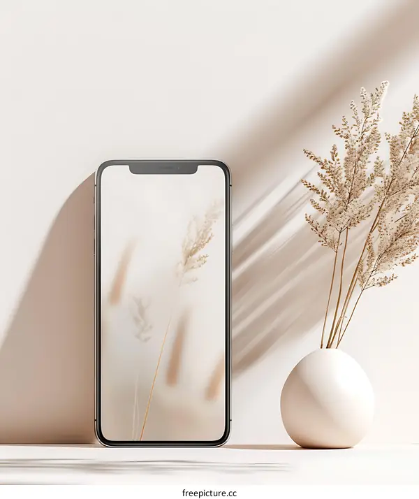 Minimalist Phone Mockup with Dried Flowers and Soft Shadows