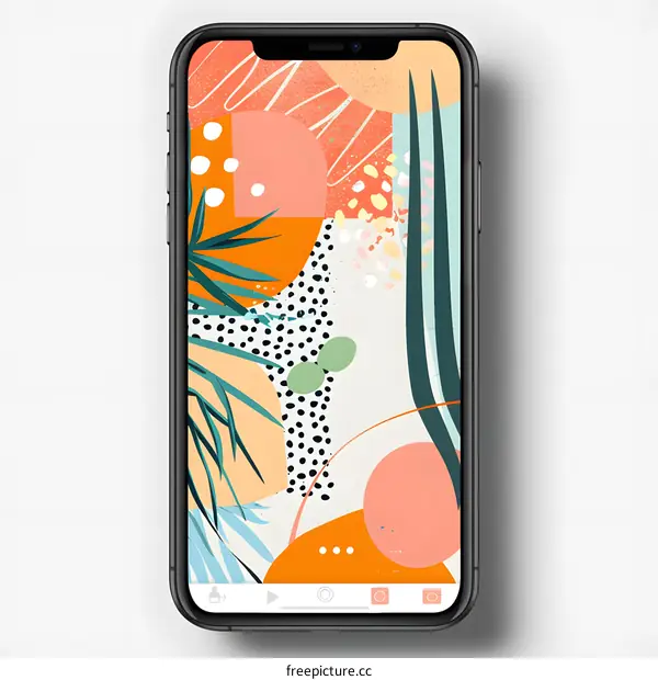 Abstract Phone Wallpaper with Tropical Leaves and Geometric Shapes