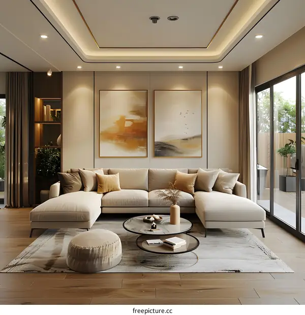 Airy and bright living room with large windows and a comfortable sofa