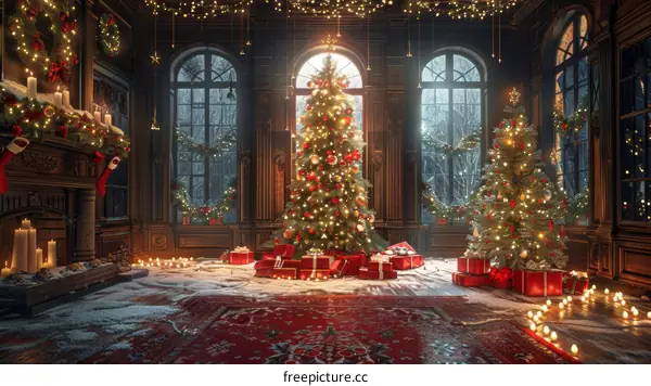 Christmas Living Room with Presents, Fire and Candles