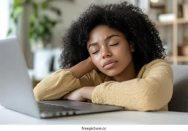 Tired Woman Taking a Nap at Her Laptop