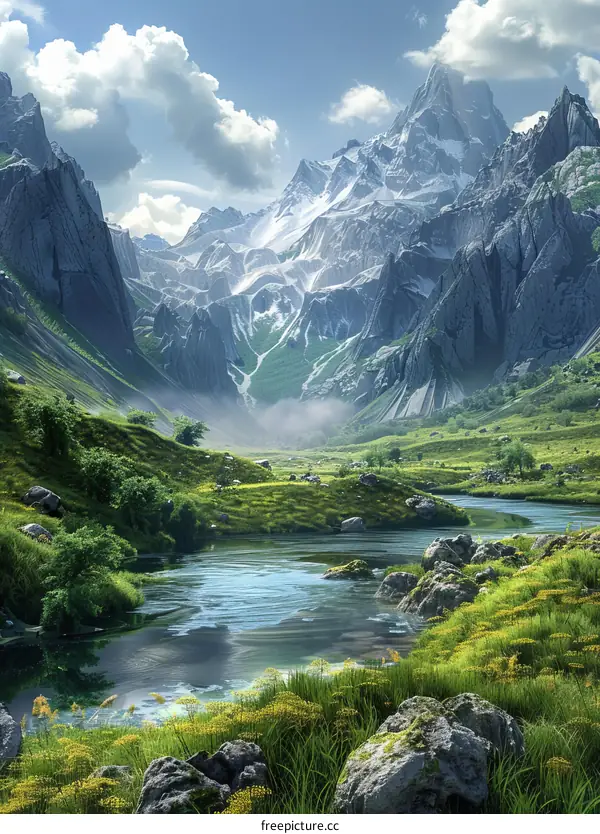 Majestic Mountain Range with River Flowing through Scenic Valley