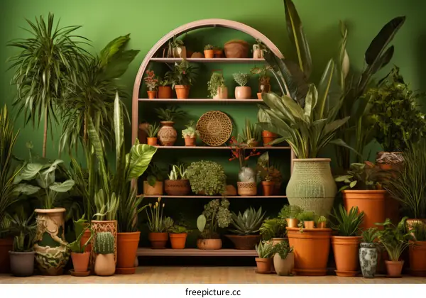 Indoor plants on shelves against a green wall