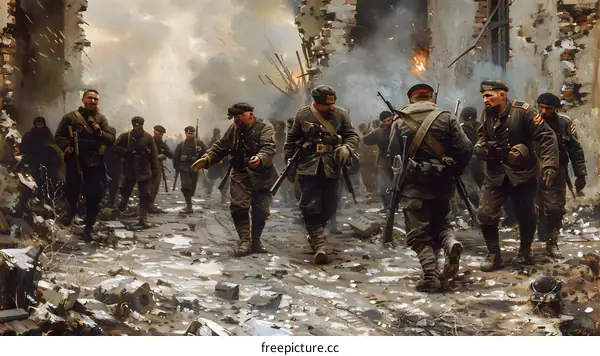 A group of soldiers walking through a war-torn city