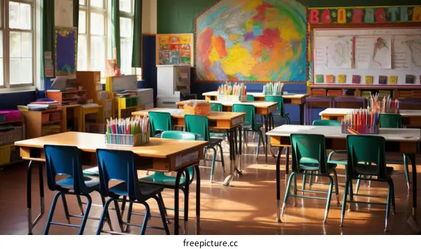 Classroom with empty chairs and desks