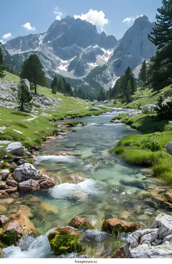 mountain river in valley with green grass and trees under blue sky