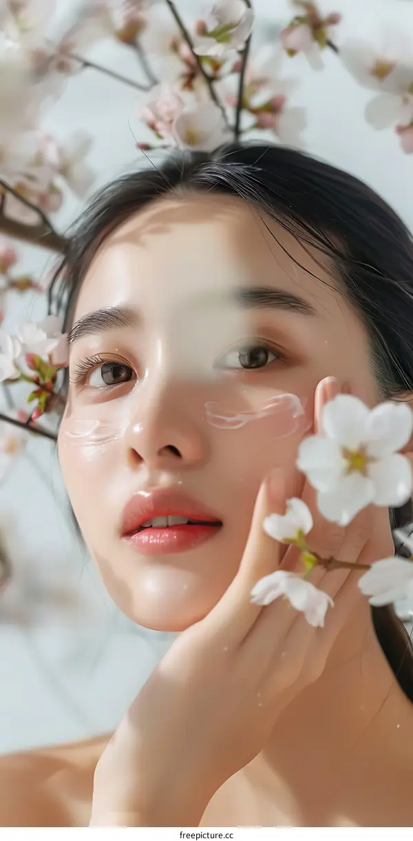 Beautiful Woman with Cherry Blossoms in Her Hair