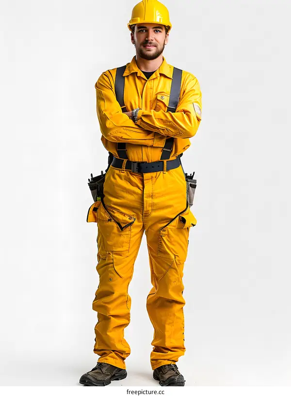 portrait of a construction worker wearing a hardhat and tool belt