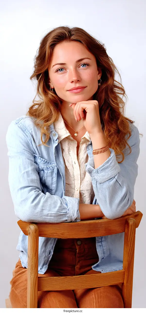Woman in Light Blue Denim Jacket Sitting on Chair