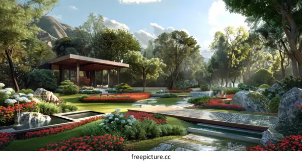 Architectural Landscape Design Renderings: Pagoda, Gazebo, and Serene Water Features