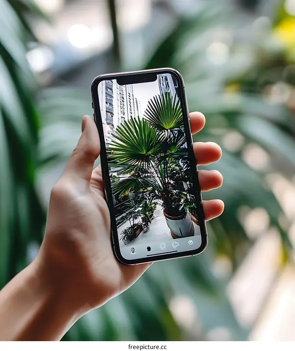 Hand Holding Smartphone with Photo of Palm Trees in Urban Setting