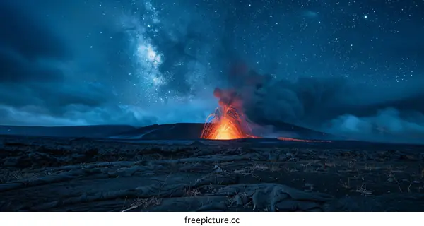 Night sky with a volcanic eruption