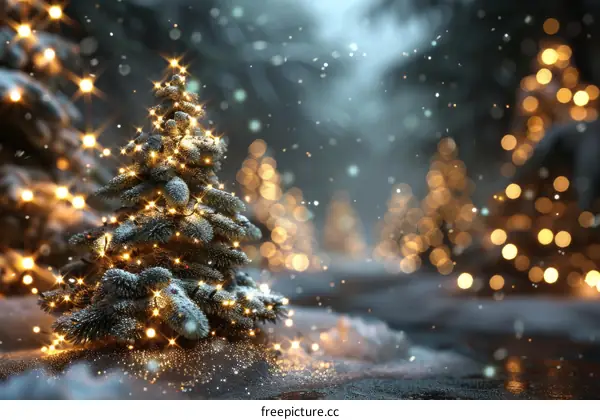 Christmas Tree with Winter Lights and Snow