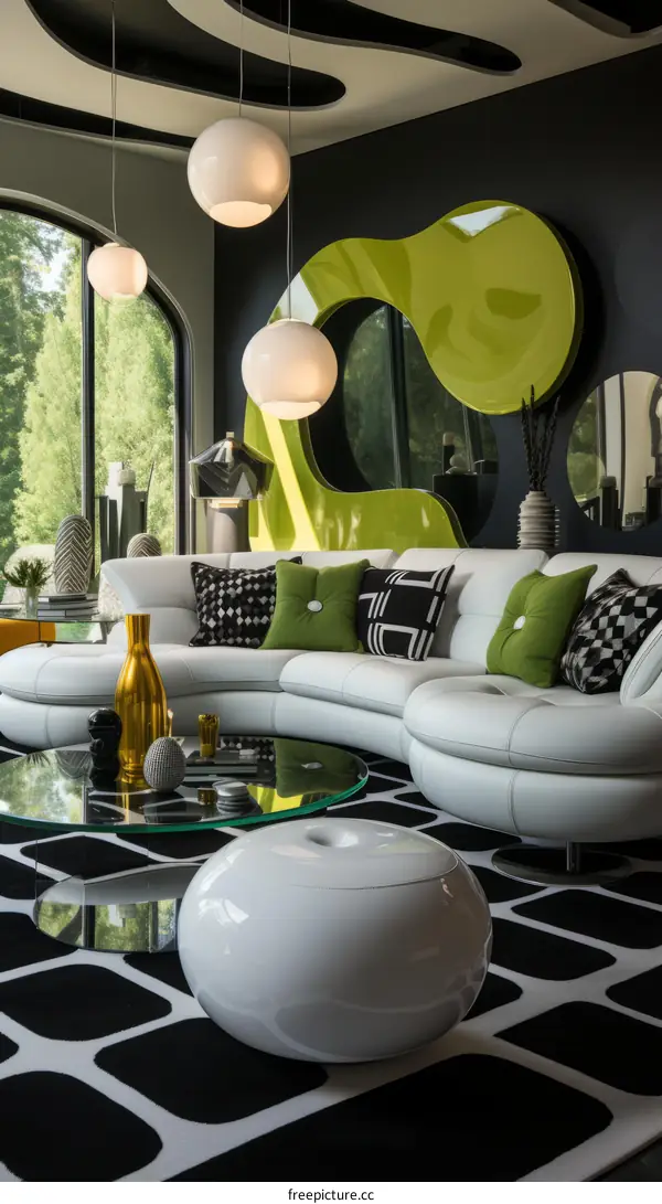 A stylish living room with a large green sculpture on the wall