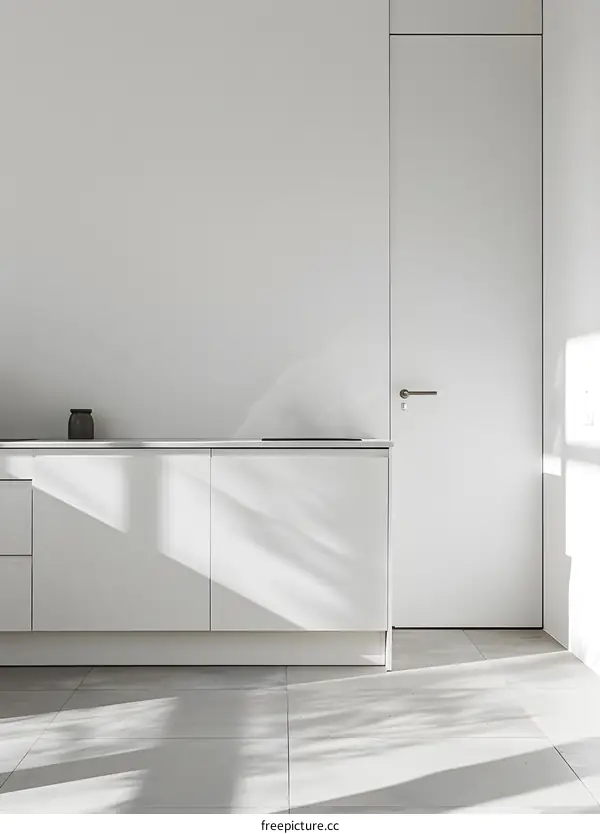 Minimalist Kitchen Interior Design with White Cabinets and Door