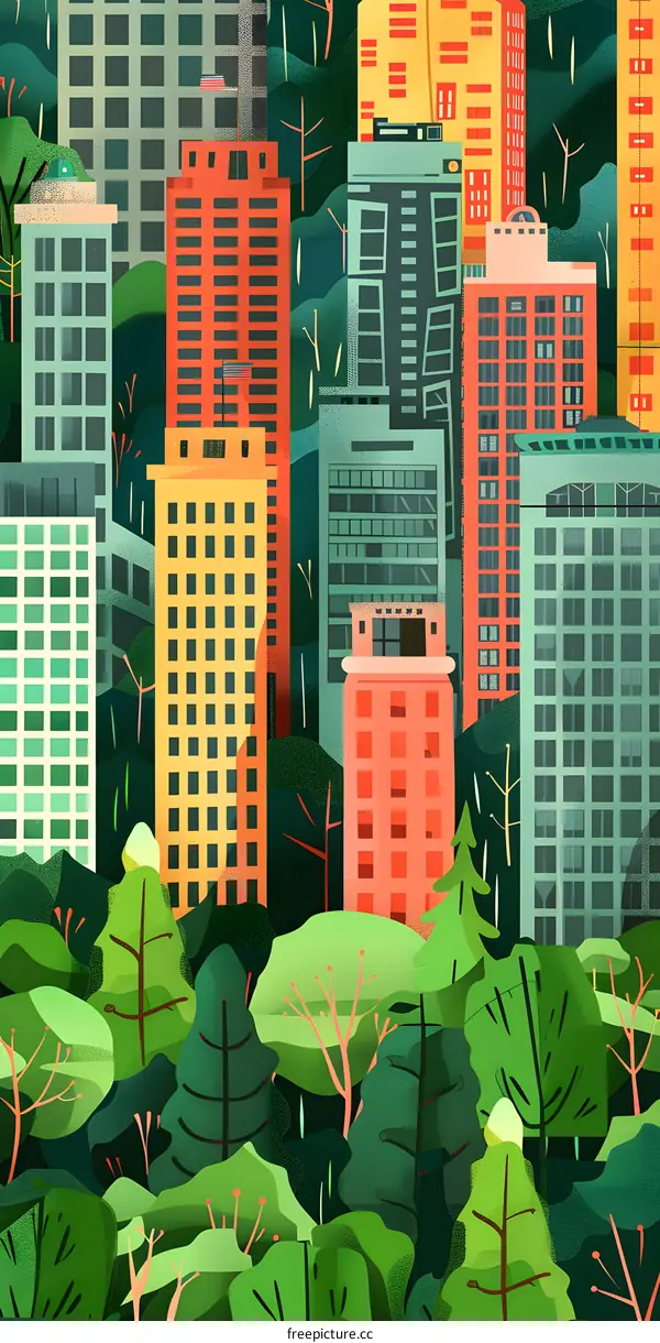 Colorful Cityscape Illustration with Green Trees