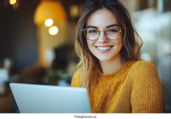 Smiling woman working on a laptop