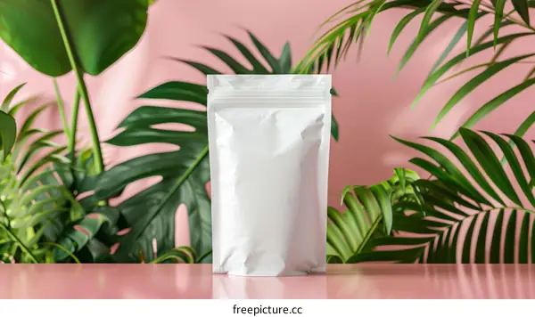 Blank white plastic袋子on a pink background with tropical leaves