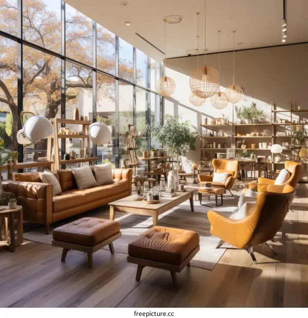 Modern living room interior with large windows and cozy furniture